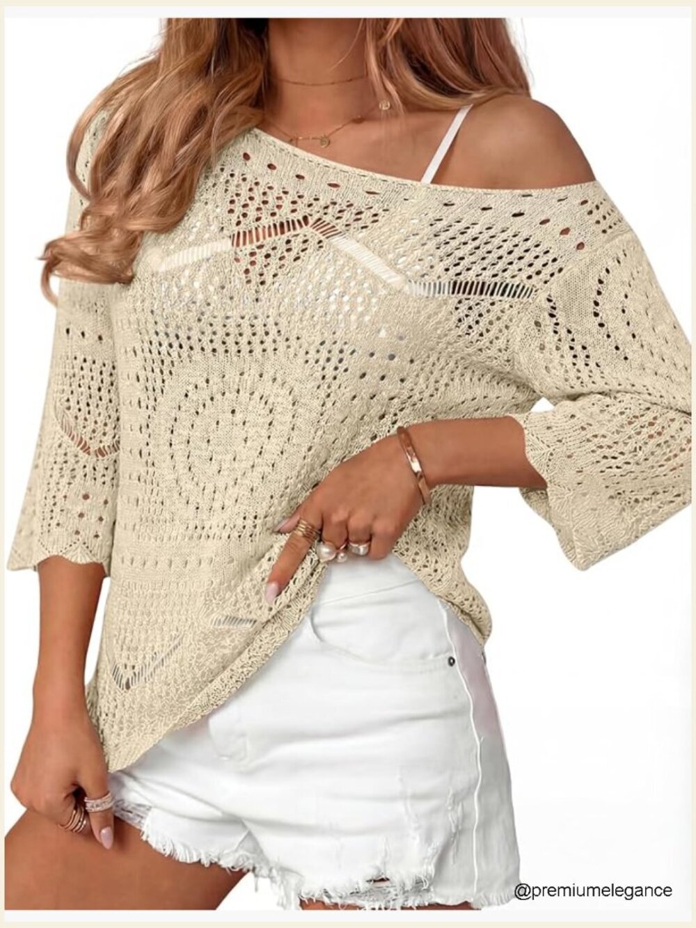 Crochet Hollow Out Knit Top 3/4 Sleeve Beach Cover Up Sweater